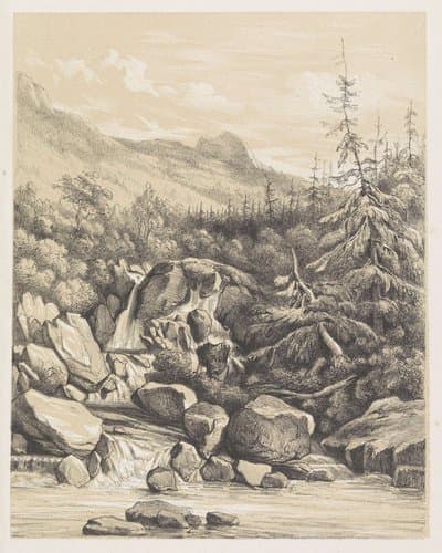 Berglandschap met waterval by Nicolaas Barnouw