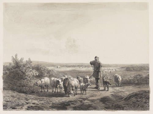 Herder met zijn schapen op de hei by Simon van den Berg