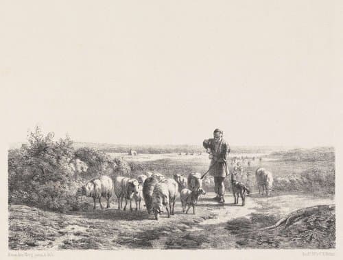 Herder met zijn schapen op de hei by Simon van den Berg