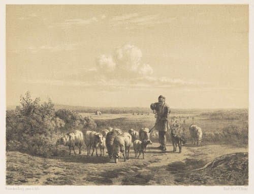 Herder met zijn schapen op de hei by Simon van den Berg
