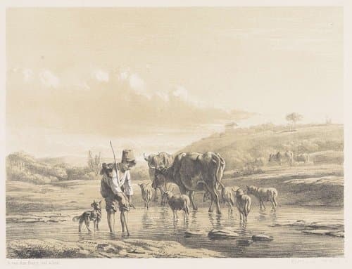 Herdersjongen met kudde in ondiep water by Simon van den Berg
