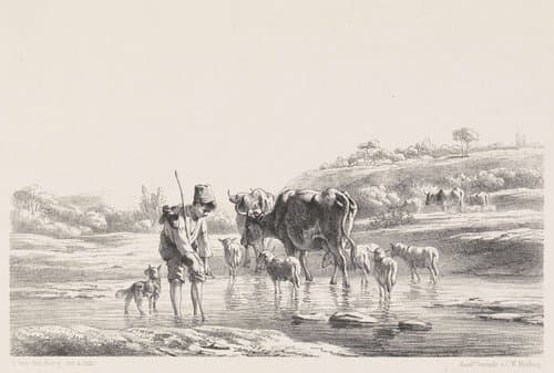 Herdersjongen met kudde in ondiep water by Simon van den Berg