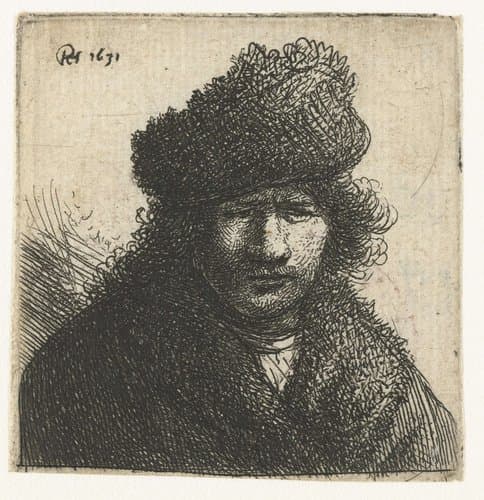 Self-portrait in a slant fur cap: bust by Rembrandt van Rijn