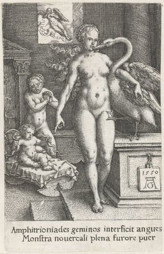 Hercules als kind in de wieg wurgt slangen by Heinrich Aldegrever