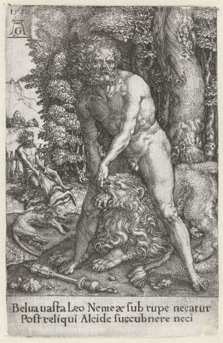 Hercules in gevecht met de Nemeïsche leeuw by Heinrich Aldegrever