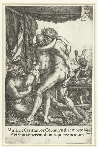 Hercules redt een vrouw van de centaur by Heinrich Aldegrever