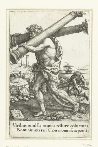 Hercules draagt de zuilen by Heinrich Aldegrever