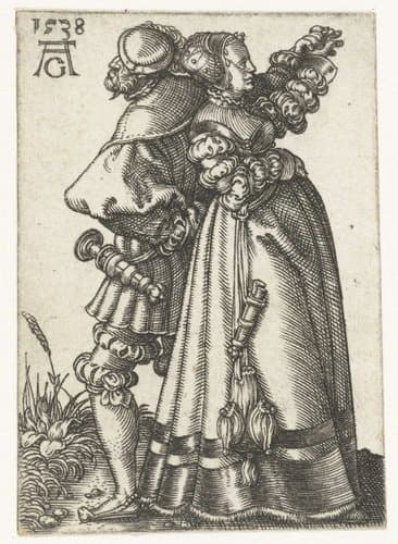 Dansend paar met ruggen tegen elkaar by Heinrich Aldegrever