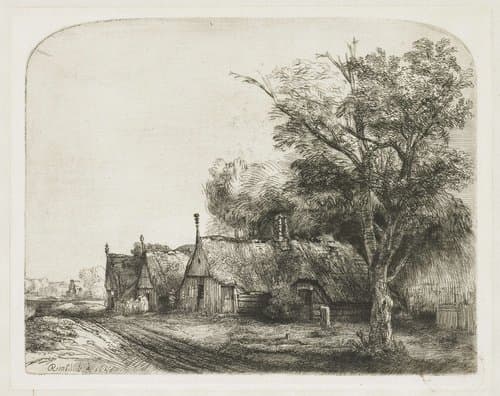 Landscape with three gabled cottages beside a road by Rembrandt van Rijn