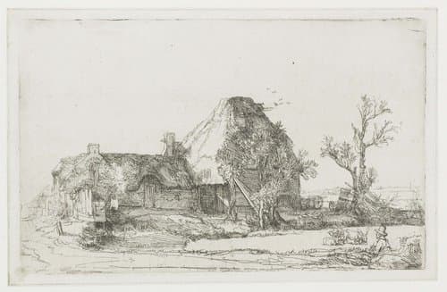 Boerderij en stallen, met een zittende tekenaar by Rembrandt van Rijn