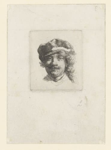 Self-portrait wearing a soft cap: full face by Rembrandt van Rijn