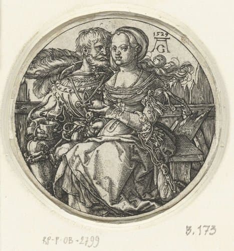 Liefdespaar gezeten op een bank by Heinrich Aldegrever
