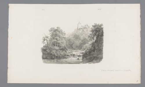 Landschap met rivier en kasteel by Barend Cornelis Koekkoek