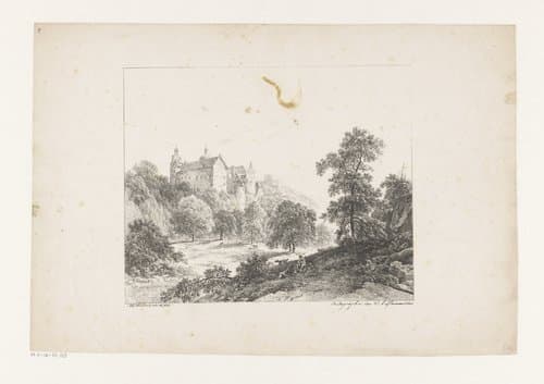 Heuvelachtig landschap met kasteel by Barend Cornelis Koekkoek