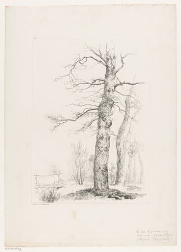 Bomen en brug in landschap by Barend Cornelis Koekkoek
