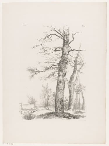 Bomen en brug in landschap by Barend Cornelis Koekkoek