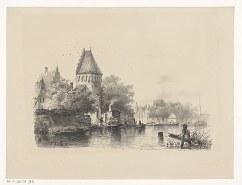Kasteeltoren en huizen aan het water by Everhardus Koster