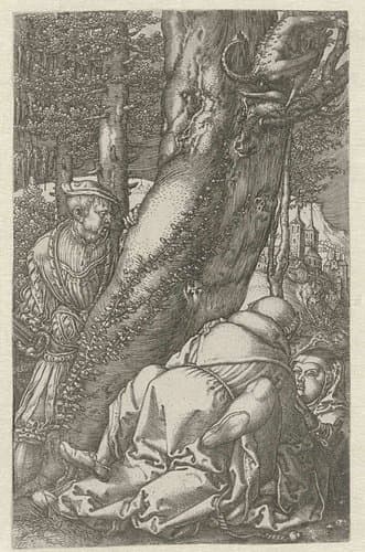 De monnik en de non begluurd door een soldaat by Heinrich Aldegrever