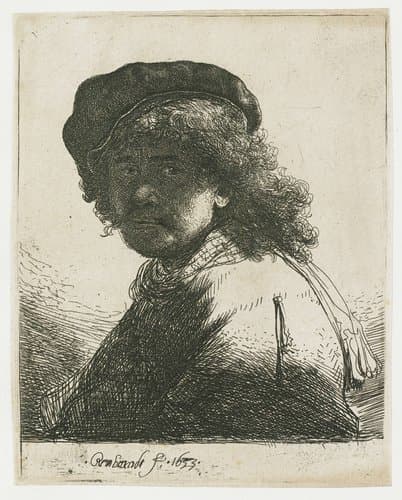 Zelfportret met baret en halsdoek, het gezicht in de schaduw: buste by Rembrandt van Rijn