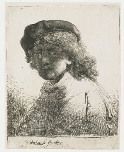 Zelfportret met baret en halsdoek, het gezicht in de schaduw: buste by Rembrandt van Rijn