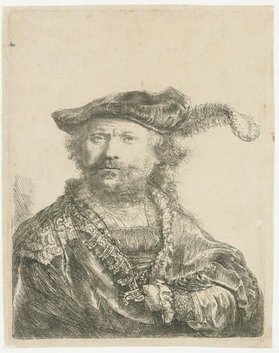 Zelfportret met gepluimde fluwelen baret by Rembrandt van Rijn