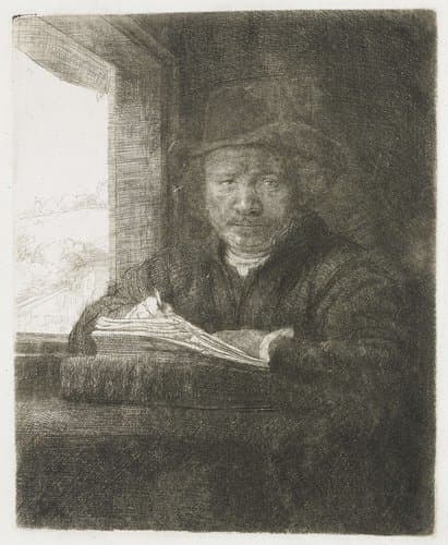 Zelfportret etsend bij een raam by Rembrandt van Rijn