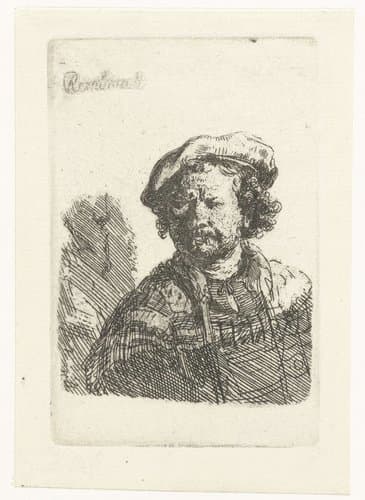 Zelfportret met baret en bewerkte mantel by Rembrandt van Rijn