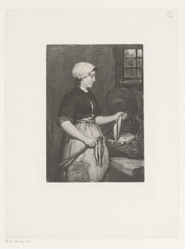 Vrouw rijgt vissen aan een stok by Jan Mesker