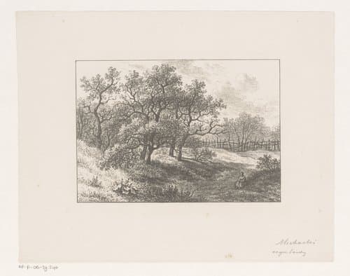 Boslandschap met hekwerk en zittende figuur by Gerrit Jan Michaëlis
