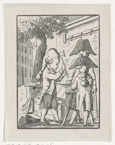 Straatverkoper van bijlen met twee klanten by Hendrik Numan