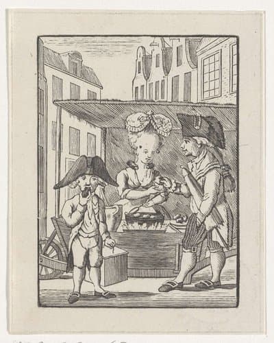 Straatverkoopster van oliebollen met twee klanten by Hendrik Numan