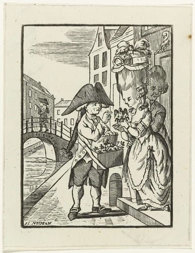 Straatverkoper van haardecoratie met twee klanten by Hendrik Numan