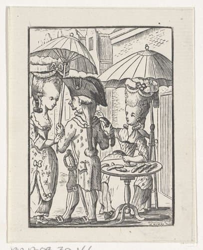 Straatverkoopster van worsten met twee klanten by Hendrik Numan