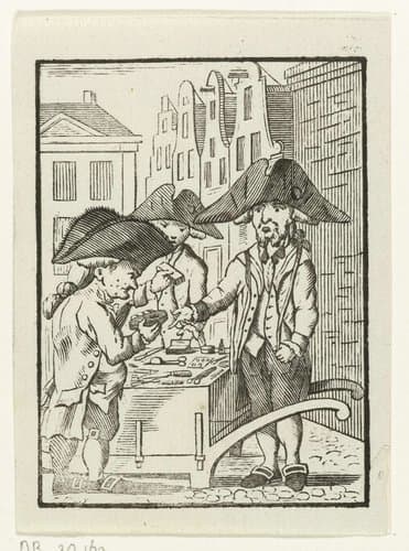 Straatverkoper Nathan van Neurenberg achter een handkar met twee klanten by Hendrik Numan
