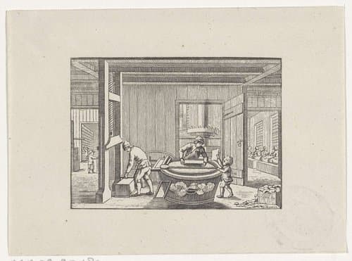 Figuren in een papierwerkplaats aan het werk by Hendrik Numan