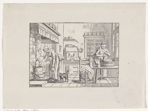 Keukeninterieur met twee vrouwen aan het werk by Hendrik Numan