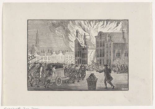 Brandweermannen snellen naar een brandend huis aan een marktplein by Hendrik Numan