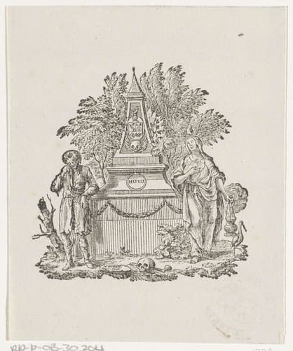 Vignet met twee treurende figuren bij een monument by Hendrik Numan