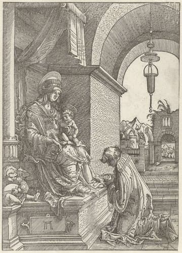 Biddende geestelijke voor Maria met kind by Albrecht Altdorfer