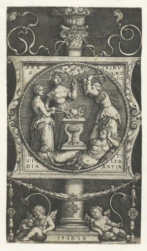 Embleem met Hoop, Tegenspoed, Afgunst en Tolerantie by Monogrammist IB (16e eeuw)