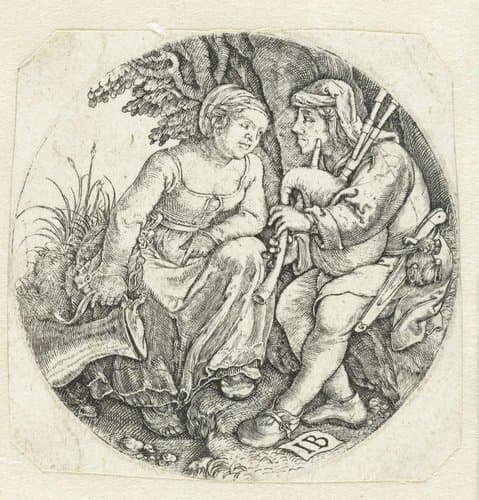 Doedelzakspeler en jonge vrouw by Monogrammist IB (16e eeuw)