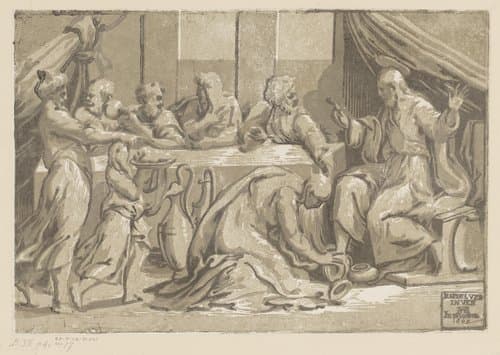 Christus gezalfd door Maria Magdalena by Ugo da Carpi