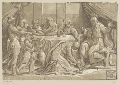 Christus gezalfd door Maria Magdalena by Ugo da Carpi
