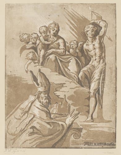 Maria met Kind, Sebastiaan en een bisschop by Ugo da Carpi