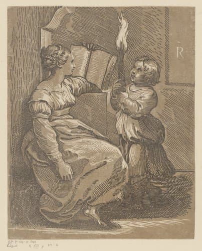 Lezende Sibille met kind by Antonio da Trento; Ugo da Carpi