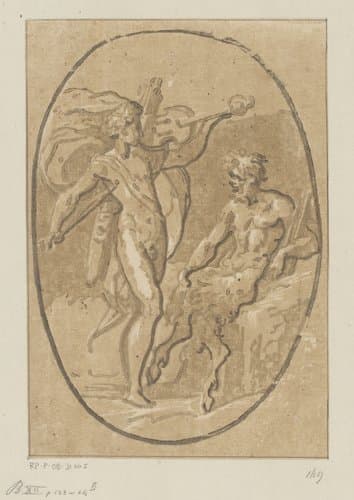 Wedstrijd tussen Apollo en Marsyas by Ugo da Carpi