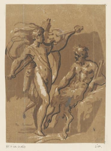 Wedstrijd tussen Apollo en Marsyas by Ugo da Carpi