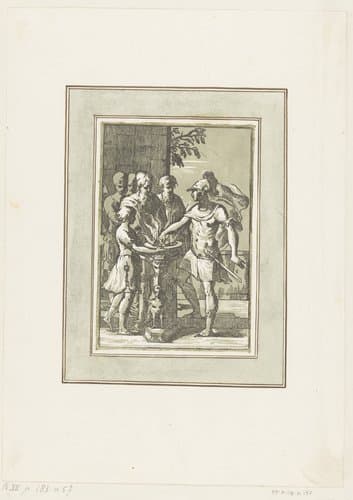 Mucius Scaevola steekt zijn hand in het vuur by Anton Maria I Zanetti
