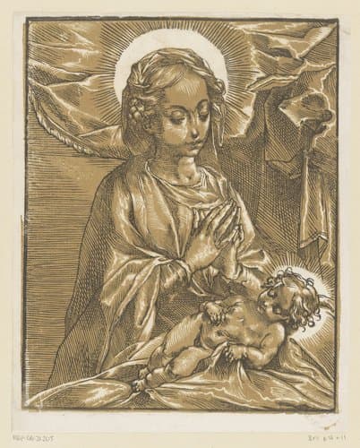 Maria aanbidt het Christuskind by Andrea Andreani; anonymous