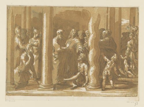 Petrus en Johannes genezen een verlamde man bij de tempelpoort by Parmigianino